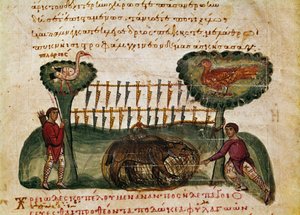 ミニチュア 熊の狩猟シーン シリアのオッピアン(Oppian or Oppianus)がカラカラに捧げた狩猟「The Cynegetics」(紀元3世紀)より。11世紀 ヴェネツィアマルシアーナ図書館