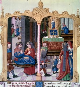 サン・ルイの奇蹟。国王ルイ9世（1214-1270）が麻痺した人を治療した。15世紀の写本「事実の書 モンシニョール サン・ルイ」のミニチュア。パリ、B.N 作： Unknown artist