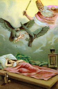 イランの預言者・宗教改革者であるツァラトゥストラ（Zarathustra, Zarathushtra, Zarathustra or Zoroastra）の奇跡的な誕生（紀元前6世紀）、19世紀のカラーリトグラフ。 作： Unknown artist