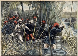 Mission Marchand (1896-1899) to Fachoda (Sudan): フランス人のBaratier (1864-1917) 大尉と彼の部隊は湿地帯をFachodaに向かって進んでいた。バラティエ大尉の日誌による）。11月6日付「ル・ペレラン」紙に掲載されたイラスト 作： Unknown artist