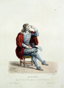 モリエールが1670年に上演した作品「女の学校」のアルノルフ役の衣装。Hippolyte Lecomte（1781-1857）のフランス喜劇の衣装。19世紀のエングレーヴィング。襟を立てる。レッツゴー。 作： Unknown artist