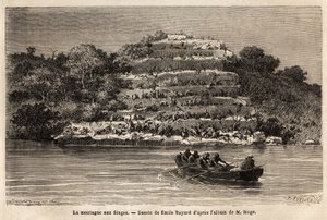 モンキーマウンテン、セネガル川沿い、グイナの滝のすぐ後（マリ）。1863年から1866年の間に西スーダンを航海したマージュ中尉の物語を説明するためのエングレーヴィングで、「Le tour du monde, nouveau journal des voyages」に掲載された。 作： Unknown artist