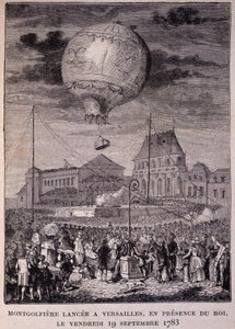 1783年9月19日（金）、国王（ルイ16世）の立ち会いのもと、ヴェルサイユ宮殿で打ち上げられたモンゴルフィエール - 「Les Contemporains」に掲載、19世紀末。 作： Unknown artist