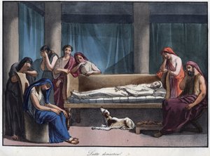ローマの家での弔い - 「宇宙のあらゆる人々の用途と習慣」からの彫刻。Or History of the government, laws, militia, religious of all nations from the remotest times to the present day" 1856年 作： Unknown artist