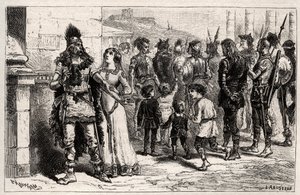この悲しい光景に心を動かされたテオデシルデ（ティエリー1世の娘）（534年没）は、捕虜の命と自由を願い出た-オスカー・ハヴァールの「Les Femmes Illustres De La France」に掲載された彫刻-1886年 作： Unknown artist