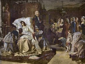 ヘルマン・コールバッハ（1846-1909）が描いたモーツァルトの最後の日 - Gli ultimi momenti di Mozart - Wolfgang Amadeus Mozartの最後の日 - 名門週刊紙「Popular Music」に掲載された版画 - 1882年 作： Unknown artist
