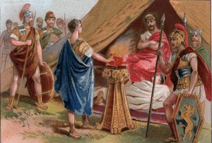 ポルセンナ以前のムシウス・スカエヴォラ（Mucius Scaevola before Porsenna）。ポルセンナの王室親衛隊に捕らえられたローマの若きパトリキアン、カイウス・ムシウス・スカエヴォラ（Porsinna, Porsena) 作： Unknown artist