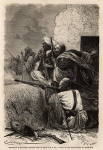 1863年にイギリスの遠征隊がこの地域の村々への略奪を阻止するために戦ったスヴァートの山に定住したイスラム教徒の登山家たち。1866年にGuillaume Lejeanが描いたパンジャブとカシミールの物語を説明するためのエングレーヴィング（「Le tour du 作： Unknown artist