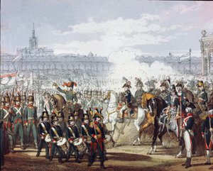 ナポレオン・ボナパルト（1769-1821）が民兵のロンバルド・シスパダン軍団を閲兵している様子（1797年07月09日） 水彩画のエングレーヴィング。ミラノ、リソルジメント博物館 作： Unknown artist