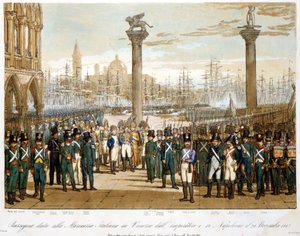 1807年11月29日、ヴェネツィアでイタリア海軍の前に立つナポレオン1世（1845年のエングレーヴィング 作： Unknown artist