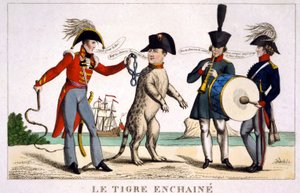 鞭を持った英国将校に抱かれて鎖につながれた虎のナポレオン1世。隣ではロシアとオーストリアが音楽を奏でている。1815年の漫画。 作： Unknown artist