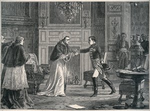 1804年フォンテーヌブローの教皇ピウス7世を訪問するナポレオン - 1804年フォンテーヌブローの教皇ピウス7世へのナポレオン1世の訪問 作： Unknown artist
