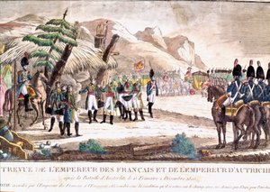 ナポレオン戦争：1805年12月2日のアウステルリッツの戦いの後、皇帝フランソワ2世に会うナポレオン1世。19世紀のエングレーヴィング。 作： Unknown artist