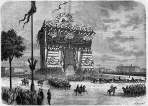 ナシル・アル・ディン（ナセル・アル・ディン）（1831-1896）パリを訪れたペルシャの国王。星の凱旋門のロータリーでの厳粛なレセプション。 作： Unknown artist