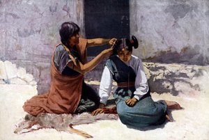 結婚に備えて娘の髪を整えるホピ族のネイティブ・アメリカンの母親。 作： Unknown artist