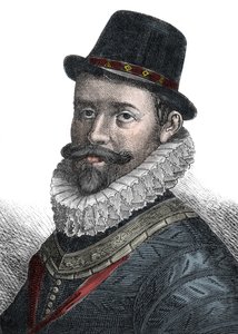 海軍行政と司令官サー・ジョン・ホーキンス（1532-1595） - イギリスの提督、造船技師、航海士、奴隷商人であったサー・ジョン・ホーキンス（ホーキンス）（1532-1595）の肖像。19世紀のエングレーヴィング。 作： Unknown artist