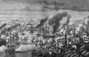 10月28日、トルコ・エジプト艦隊との三国同盟のナバリン海戦 作： Unknown artist