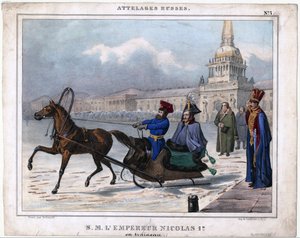 Nicolas I en traineau - Nicholas I of the Russia in a sleigh - Anonymous - 1850 - Lithograph, watercolour - 21,3x26,8 - Private Collection 作： Unknown artist