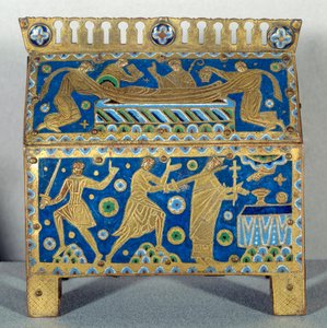 芸術作品。カンタベリーの大司教、聖トマス・ベケット（1118-1170）によるエナメル製の狩猟、金、銅。1170年12月29日にカントルバリーのカテドラルで行われた大司教の暗殺とその葬儀を表現した装飾が施されています。1220年頃。 作： Unknown artist