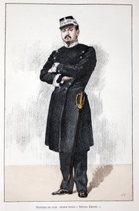 平和担当官、スモールセカンドエンパイアドレス（1852年～1870年）。アルフレッド・レイ(186)がセーヌ川の警察官だったルイ・ルピーヌ(1846-1933)の後援で出版した本「平和の戦士たちの歴史」の挿絵のためのカラーエッチング。 作： Unknown artist