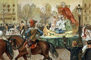 イル・ド・フランス地方で祝われている古い習慣：パリのレントの半ば。19世紀末のクロモリトグラフ。 作： Unknown artist