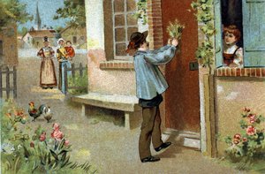 ブルゴーニュ地方で行われている古い習慣。5月の祝宴。19世紀末のクロモリトグラフ。 作： Unknown artist