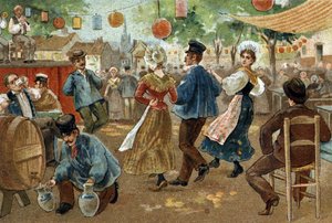 フランダース地方で祝われる古い習慣。フランドルフェア。19世紀末のクロモリトグラフ。 作： Unknown artist