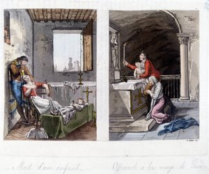 左側は子供の死と両親の悲しみ。右はグアダ・ルパの処女への捧げ物。19世紀のリトグラフ 作： Unknown artist