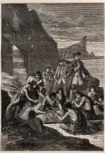 一人は歯でデコピン。Vice-Admiral John Byron (1723-1786) on one of the Detroit of Magellan - the Fuegians (in inhabitants of Tierra del Fuego) decoupe with their teeth, the whale that was torned and petrified on the beach - ill 作： Unknown artist