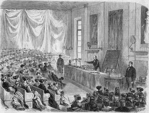 1867年、ソルボンヌ大学に若い女性のためのコースが開設される。Mr.Lixの図面からのエングレーヴィング 作： Unknown artist