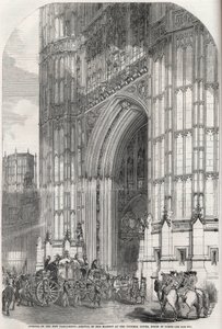 新議会の開会-貴族院ヴィクトリア・タワーへの陛下の到着 1852年 作： Unknown artist