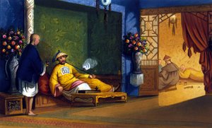 中国のアヘン燻製工場、1830年頃の彫刻。 作： Unknown artist