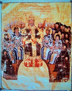 正統派の宗教"1351年5月18日のコンスタンティノープル公会議を主宰するビザンチン皇帝ヨハネ6世カンタクゼーヌ（1293-1354）" ミニチュアは「Theological Works」1370-1375 Paris, B.N.からの引用。 作： Unknown artist