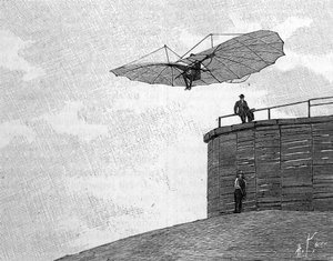 木製の塔から飛翔体を持って飛び降りるドイツの航空パイオニア、オットー・リリエンタール（1848-1896）（インスタント写真より）。1年2月3日付「La Nature: revue des sciences et de leurs applications aux arts et a l