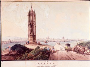 ドナウ川に架かる橋を中心としたウィーンの街の概観。オーストリア 1800年頃の個人蔵のエングレービング 作： Unknown artist