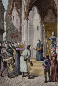 PERKIN WARBECK (c1474-1499) フランドル地方の詐欺師、Edward Ivの次男であるヨーク公爵Richardと名乗る - ロンドン、ウェストミンスター・ホールの外で告白を読む。 作： Unknown artist