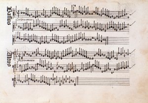 オッタビアーノ・ペトルッチの「Harmonice Musices Odhecaton」（1501年）の楽譜のページ。 作： Unknown artist