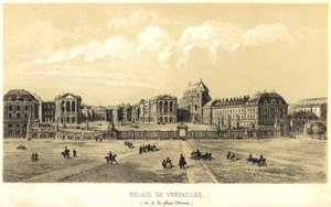 1857年、軍隊のある場所から見たヴェルサイユ宮殿。 作： Unknown artist