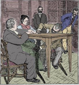 超常現象：1892年、ミラノで霊媒師エウサピア・パラディーノとチェーザレ・ロンブローゾ（1835-1909）、シャルル・リシェ（1835-1909）の立ち会いのもと、テーブルを持ち上げた体験。 作： Unknown artist