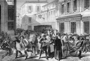 1869年のパリ：クロワッサン通りの新聞会館。 作： Unknown artist