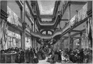 1872年のパリ：「At cheap」という新しいショップの内装。 作： Unknown artist