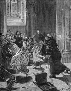 パリ、サント・ジュヌヴィエーヴ教会（Sainte-Genevieve）（1599年）：悪魔に取り憑かれたと主張する女性マーサを祓おうとするカプチン修道士の姿。19世紀のエングレーヴィング。ジュール・ミシュレ著『フランス史』より 作： Unknown artist