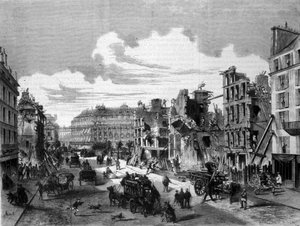 パリ、ローミュール通り開通のためにラ・ペ通りを取り壊す。1868.19世紀のエングレーヴィング。