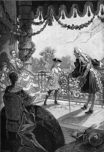 パリ、チュイルリー（1721年）。フランス国王ルイ15世（1710年-1774年）、チュイルリー宮殿のバルコニーでの姿。19世紀のエングレーヴィング。ジュール・ミシュレ著「フランス史」より 作： Unknown artist