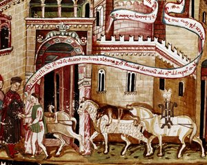 町の入り口での塩税の支払い（gabelle） 写本（Ms.H V-5）"Codex de Privileges "のミニチュア 作： Unknown artist