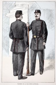 ピースキーパー（Lepine期）。アルフレッド・レイ(1864-?)とルイ・フェロン(1862-?)がセーヌ川の警察官だったルイ・ルピーヌ(1846-1933)の後援で出版した本「平和の戦士たちの歴史」の挿絵のためのカラー・エッチング。 作： Unknown artist