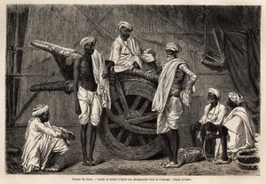 シンド（インド・パンジャブ地方）の農民たちが農機具の横にいる。1866年にGuillaume Lejeanが描いたパンジャブとカシミールへの航海を説明するためのエングレーヴィングで、「Le tour du monde, nouveau journal des voyages」に掲載。 作： Unknown artist