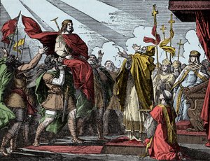 ぺピン、フランク王国の王に就任 - 簡約家ぺピン（714-768）のサクレ、サン・ドニのバシリカ、754年7月28日：教皇ステファン2世はぺピンをフランク王国の王、ローマ人のパトリス・ロマノルムに奉献。 作： Unknown artist