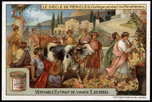 ペリクレスの世紀（紀元前495年～429年）：パナテエネーの間のコルテージュ - リービッヒ・クロモリトグラフィー 作： Unknown artist
