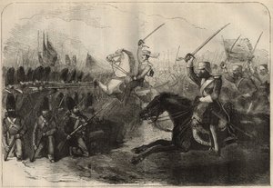ペルシャ・アングロ（アングロ・ペルシャ）戦争（1856年～1857年）：2月8日のクーシュ・アブ（Koosh Ab, Kooshab）の戦いでのフォーブス大尉が指揮する第3英国インド騎兵隊の突撃 作： Unknown artist